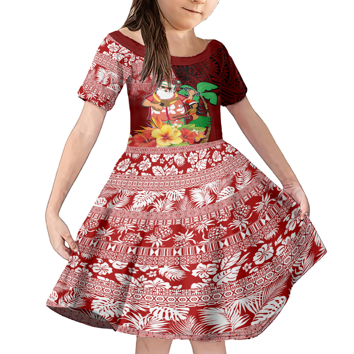 Hawaii Mele Kalikimaka Kid Short Sleeve Dress Santa Claus and Hula Girl Tropical Folwer with Hawaiian Pattern LT03 KID Red - Polynesian Pride