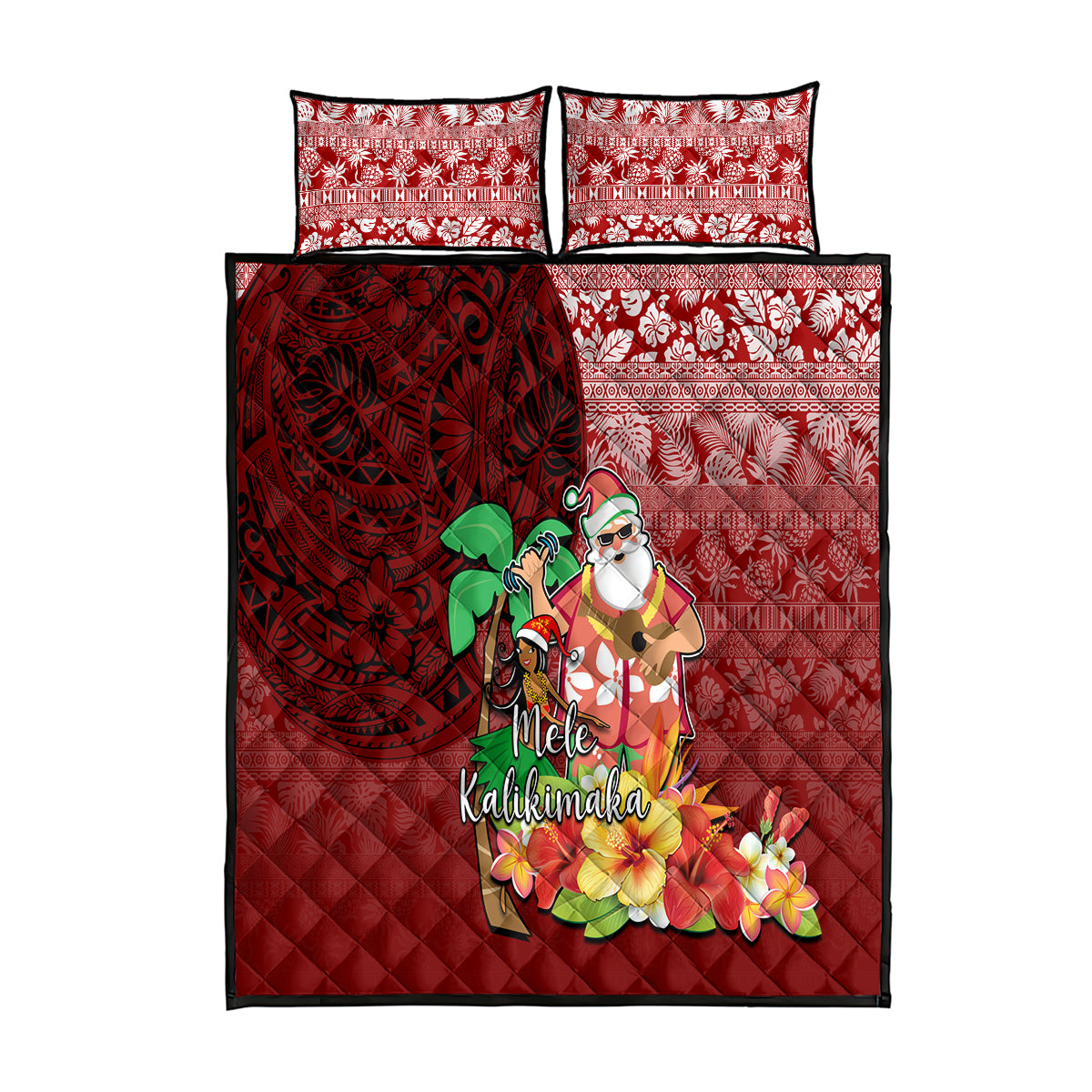 Hawaii Mele Kalikimaka Quilt Bed Set Santa Claus and Hula Girl Tropical Folwer with Hawaiian Pattern LT03 Red - Polynesian Pride