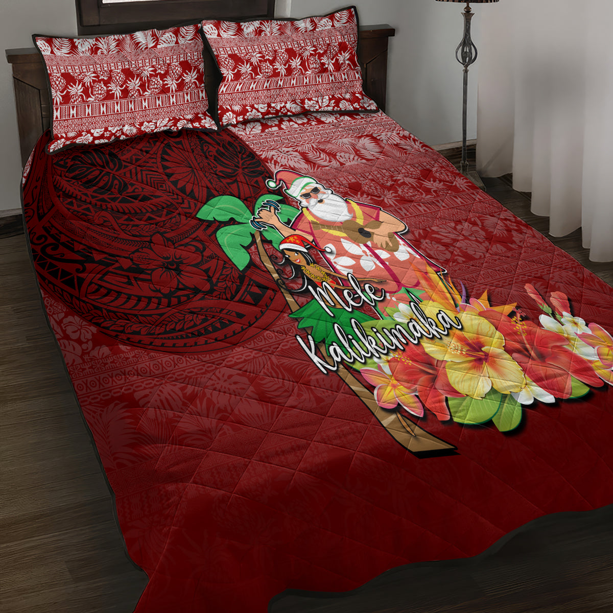 Hawaii Mele Kalikimaka Quilt Bed Set Santa Claus and Hula Girl Tropical Folwer with Hawaiian Pattern LT03 - Polynesian Pride