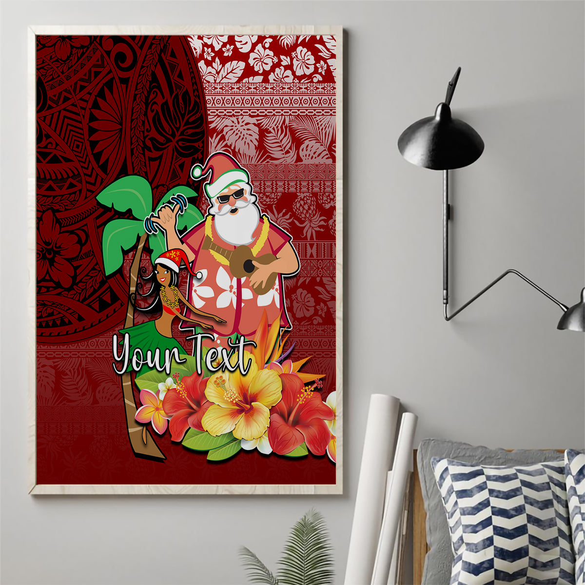 Custom Hawaii Mele Kalikimaka Canvas Wall Art Santa Claus and Hula Girl Tropical Folwer with Hawaiian Pattern LT03 - Polynesian Pride