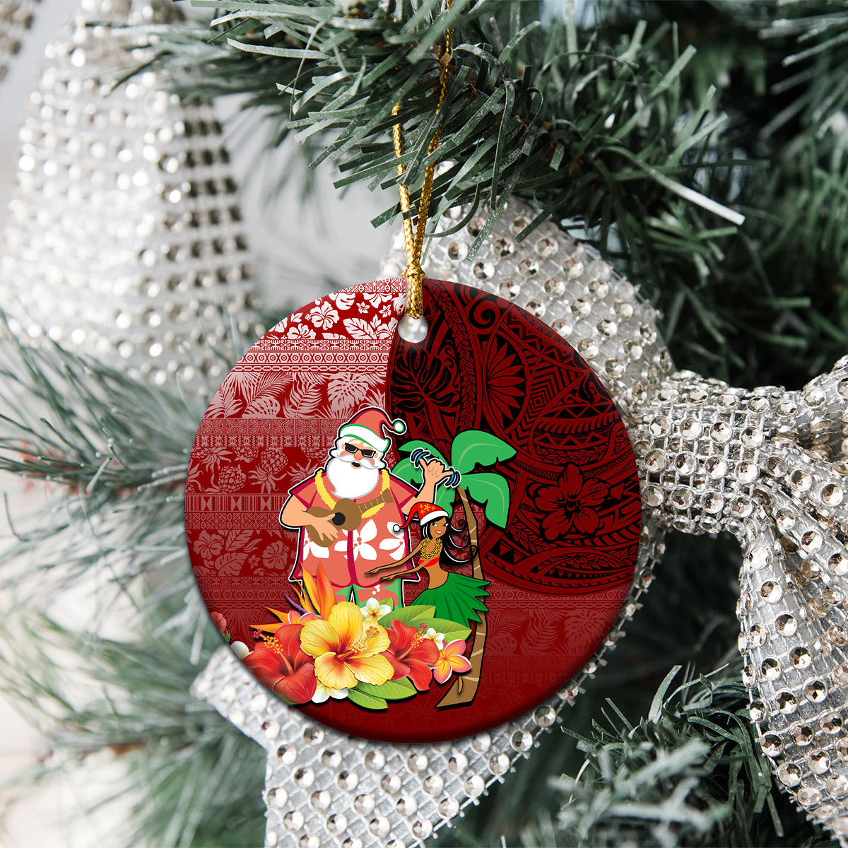 Custom Hawaii Mele Kalikimaka Ceramic Ornament Santa Claus and Hula Girl Tropical Folwer with Hawaiian Pattern LT03 - Polynesian Pride