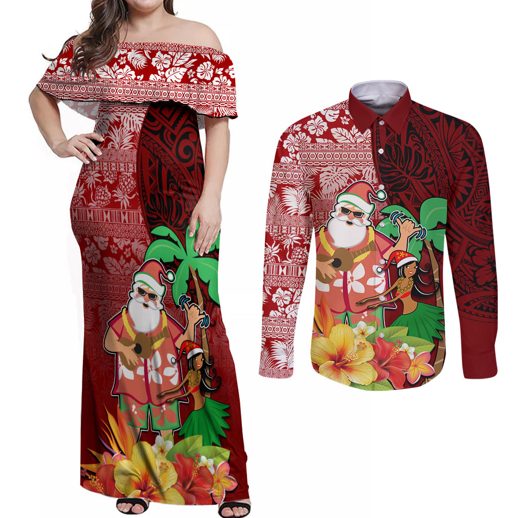 Custom Hawaii Mele Kalikimaka Couples Matching Off Shoulder Maxi Dress and Long Sleeve Button Shirt Santa Claus and Hula Girl Tropical Folwer with Hawaiian Pattern LT03 Red - Polynesian Pride