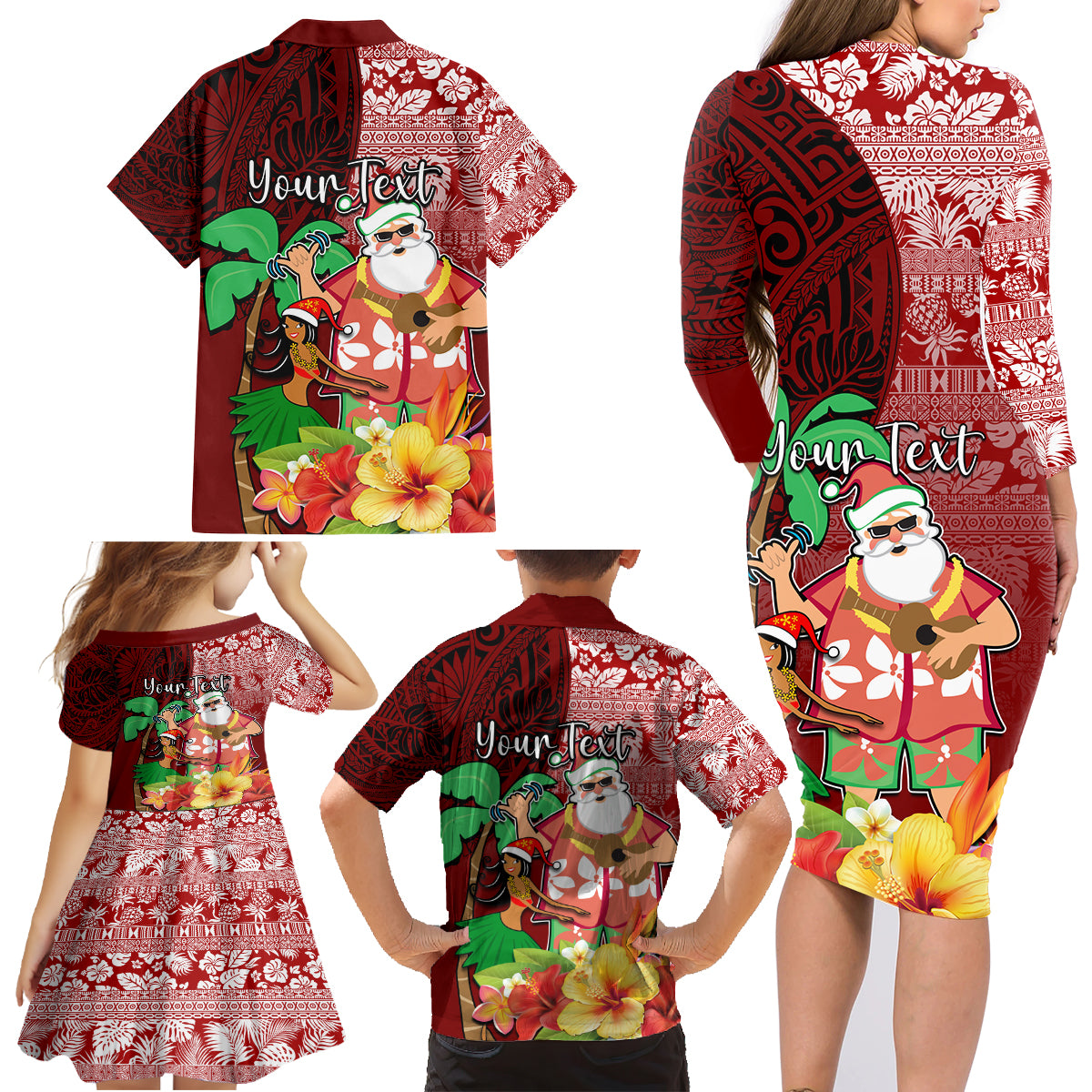 Custom Hawaii Mele Kalikimaka Family Matching Long Sleeve Bodycon Dress and Hawaiian Shirt Santa Claus and Hula Girl Tropical Folwer with Hawaiian Pattern LT03 - Polynesian Pride