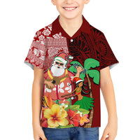 Custom Hawaii Mele Kalikimaka Family Matching Long Sleeve Bodycon Dress and Hawaiian Shirt Santa Claus and Hula Girl Tropical Folwer with Hawaiian Pattern LT03 Son's Shirt Red - Polynesian Pride