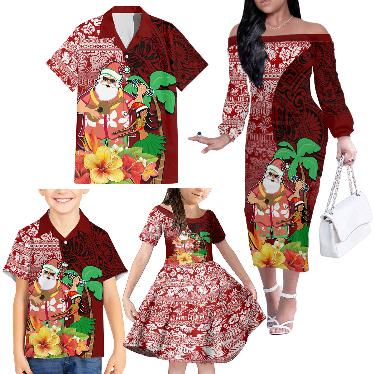 Custom Hawaii Mele Kalikimaka Family Matching Off Shoulder Long Sleeve Dress and Hawaiian Shirt Santa Claus and Hula Girl Tropical Folwer with Hawaiian Pattern LT03 - Polynesian Pride