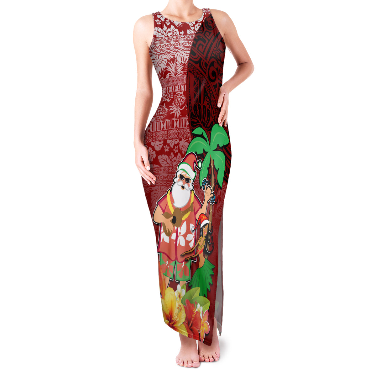 Custom Hawaii Mele Kalikimaka Family Matching Tank Maxi Dress and Hawaiian Shirt Santa Claus and Hula Girl Tropical Folwer with Hawaiian Pattern LT03 Mom's Dress Red - Polynesian Pride