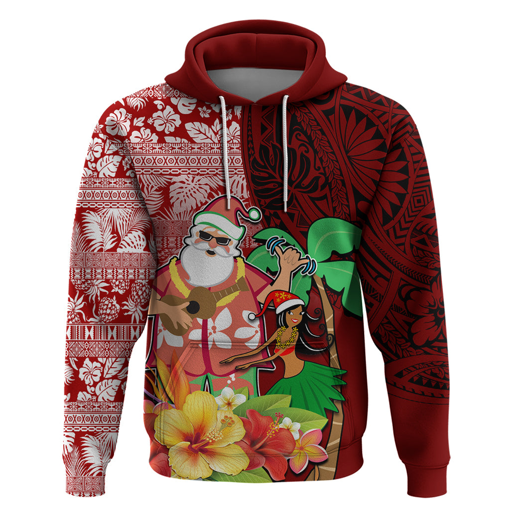 Custom Hawaii Mele Kalikimaka Hoodie Santa Claus and Hula Girl Tropical Folwer with Hawaiian Pattern LT03 Pullover Hoodie Red - Polynesian Pride