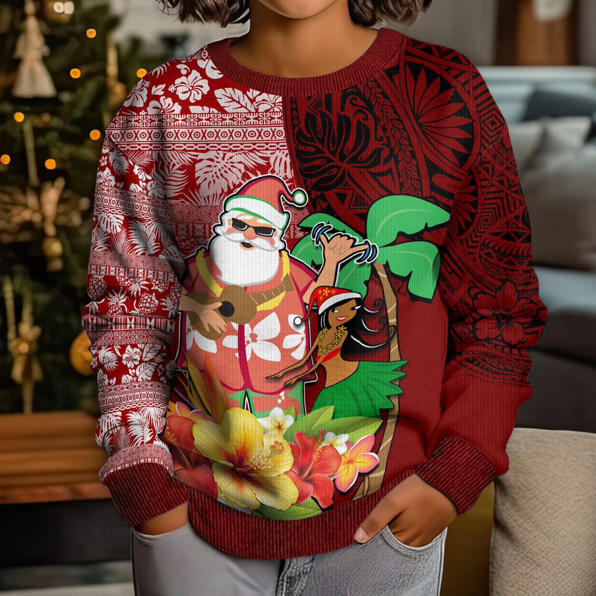 Custom Hawaii Mele Kalikimaka Kid Ugly Christmas Sweater Santa Claus and Hula Girl Tropical Folwer with Hawaiian Pattern LT03 - Polynesian Pride