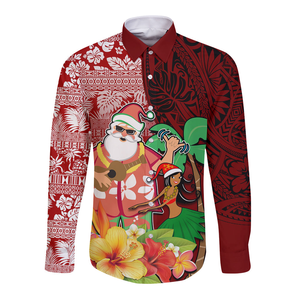 Custom Hawaii Mele Kalikimaka Long Sleeve Button Shirt Santa Claus and Hula Girl Tropical Folwer with Hawaiian Pattern LT03 Unisex Red - Polynesian Pride
