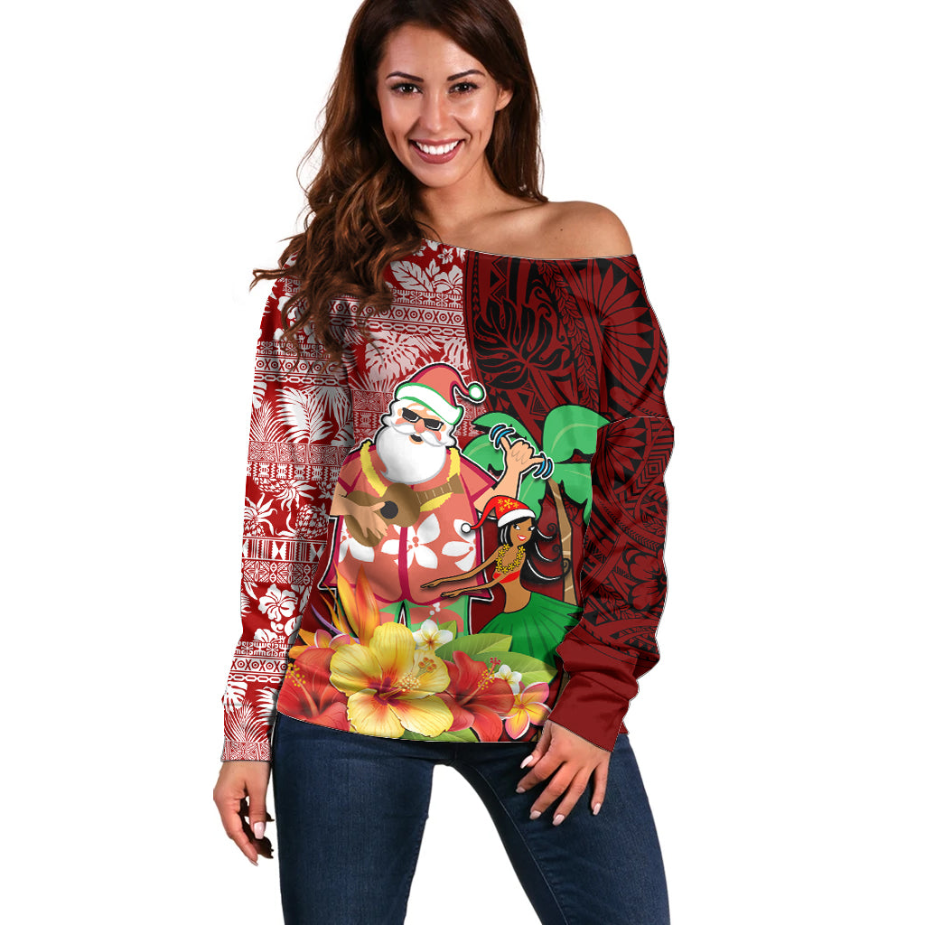 Custom Hawaii Mele Kalikimaka Off Shoulder Sweater Santa Claus and Hula Girl Tropical Folwer with Hawaiian Pattern LT03 Women Red - Polynesian Pride