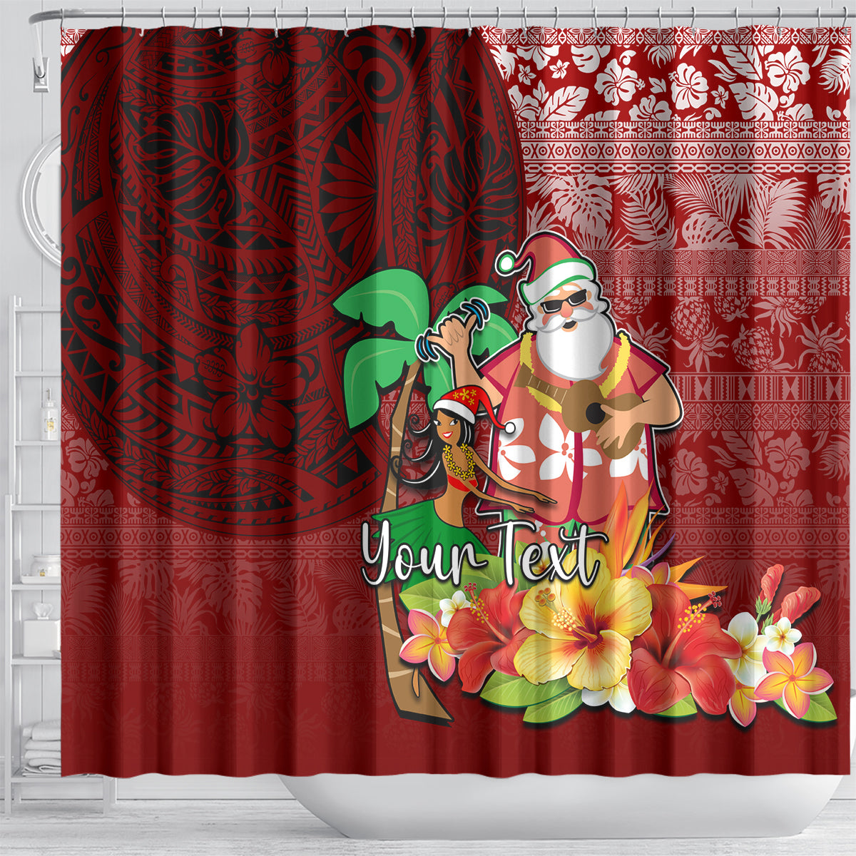 Custom Hawaii Mele Kalikimaka Shower Curtain Santa Claus and Hula Girl Tropical Folwer with Hawaiian Pattern LT03 - Polynesian Pride