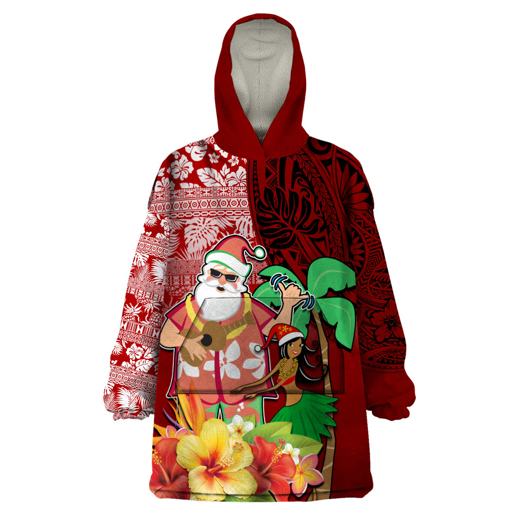 Custom Hawaii Mele Kalikimaka Wearable Blanket Hoodie Santa Claus and Hula Girl Tropical Folwer with Hawaiian Pattern LT03 One Size Red - Polynesian Pride