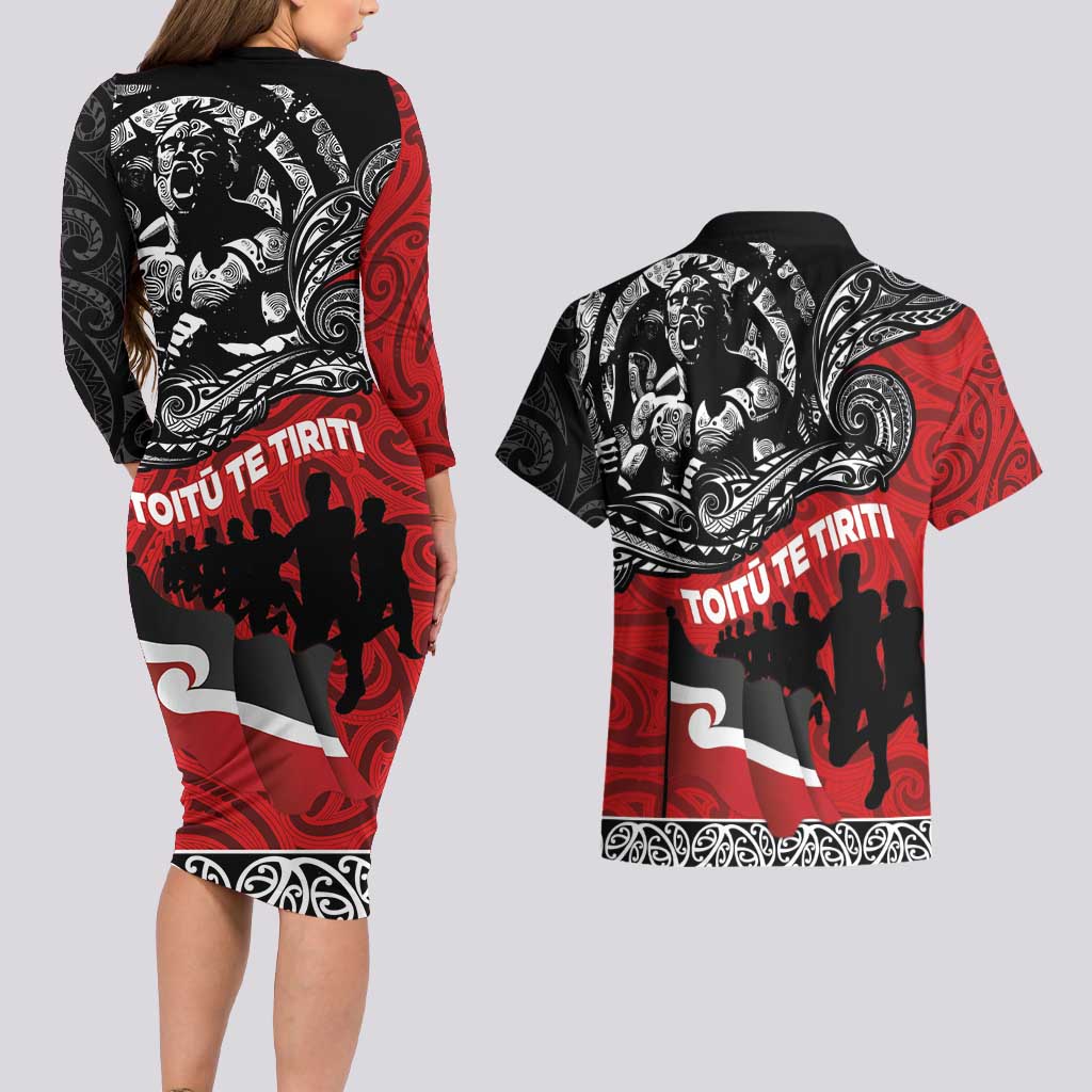 Aotearoa Toitu Te Tiriti Couples Matching Long Sleeve Bodycon Dress and Hawaiian Shirt Honoring Te Tiriti o Waitangi Maori Haka LT03 - Polynesian Pride
