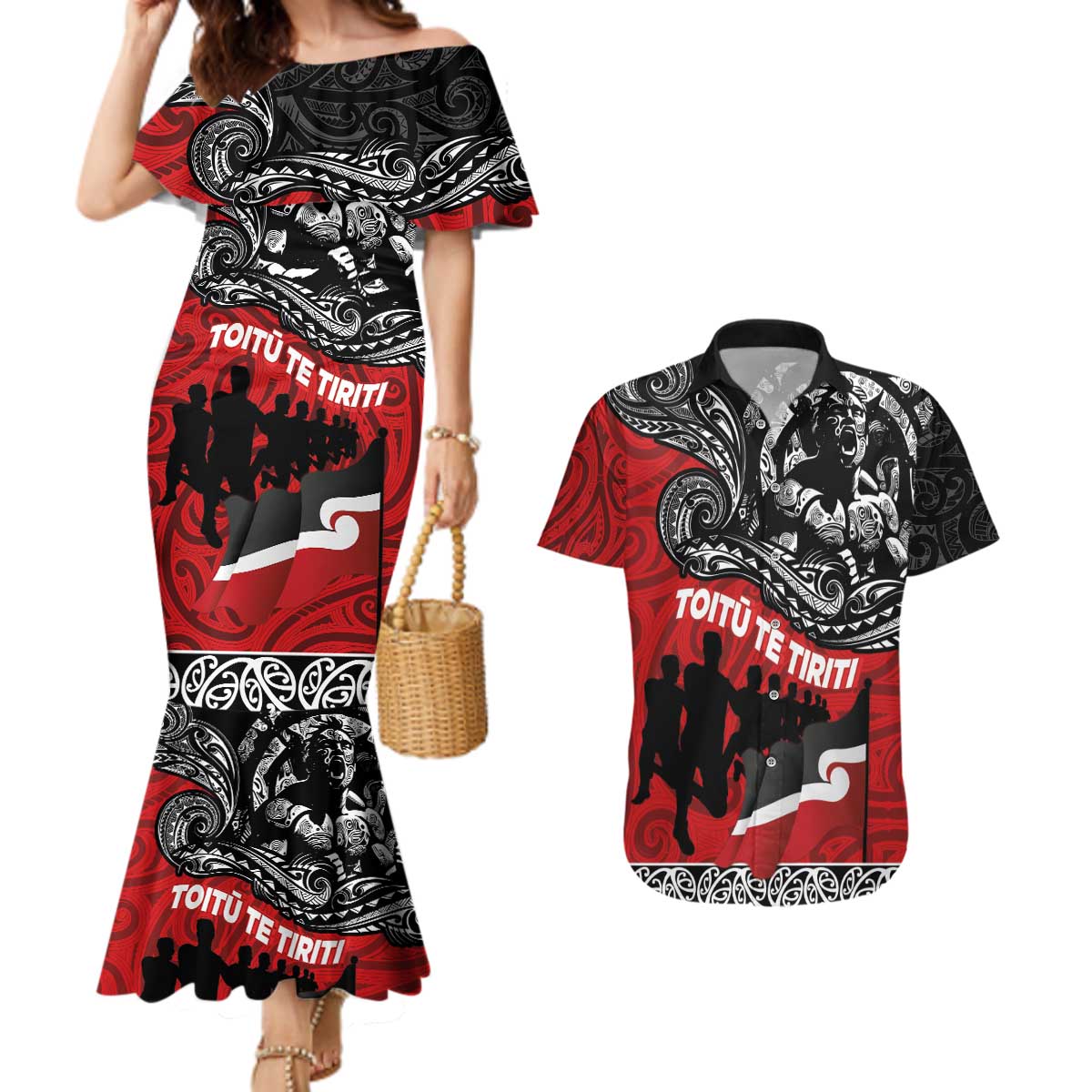 Aotearoa Toitu Te Tiriti Couples Matching Mermaid Dress and Hawaiian Shirt Honoring Te Tiriti o Waitangi Maori Haka LT03 Red - Polynesian Pride