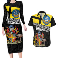 New Zealand Wellington Couples Matching Long Sleeve Bodycon Dress and Hawaiian Shirt The Capital's Emblems Flag and Koru Art LT03 Black - Polynesian Pride