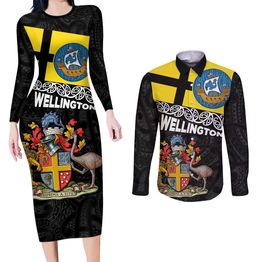 New Zealand Wellington Couples Matching Long Sleeve Bodycon Dress and Long Sleeve Button Shirt The Capital's Emblems Flag and Koru Art