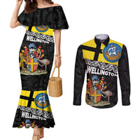 New Zealand Wellington Couples Matching Mermaid Dress and Long Sleeve Button Shirt The Capital's Emblems Flag and Koru Art
