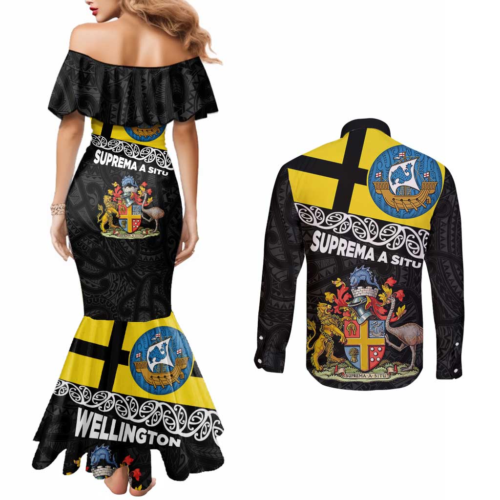 New Zealand Wellington Couples Matching Mermaid Dress and Long Sleeve Button Shirt The Capital's Emblems Flag and Koru Art