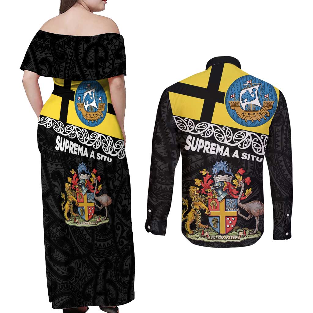 New Zealand Wellington Couples Matching Off Shoulder Maxi Dress and Long Sleeve Button Shirt The Capital's Emblems Flag and Koru Art