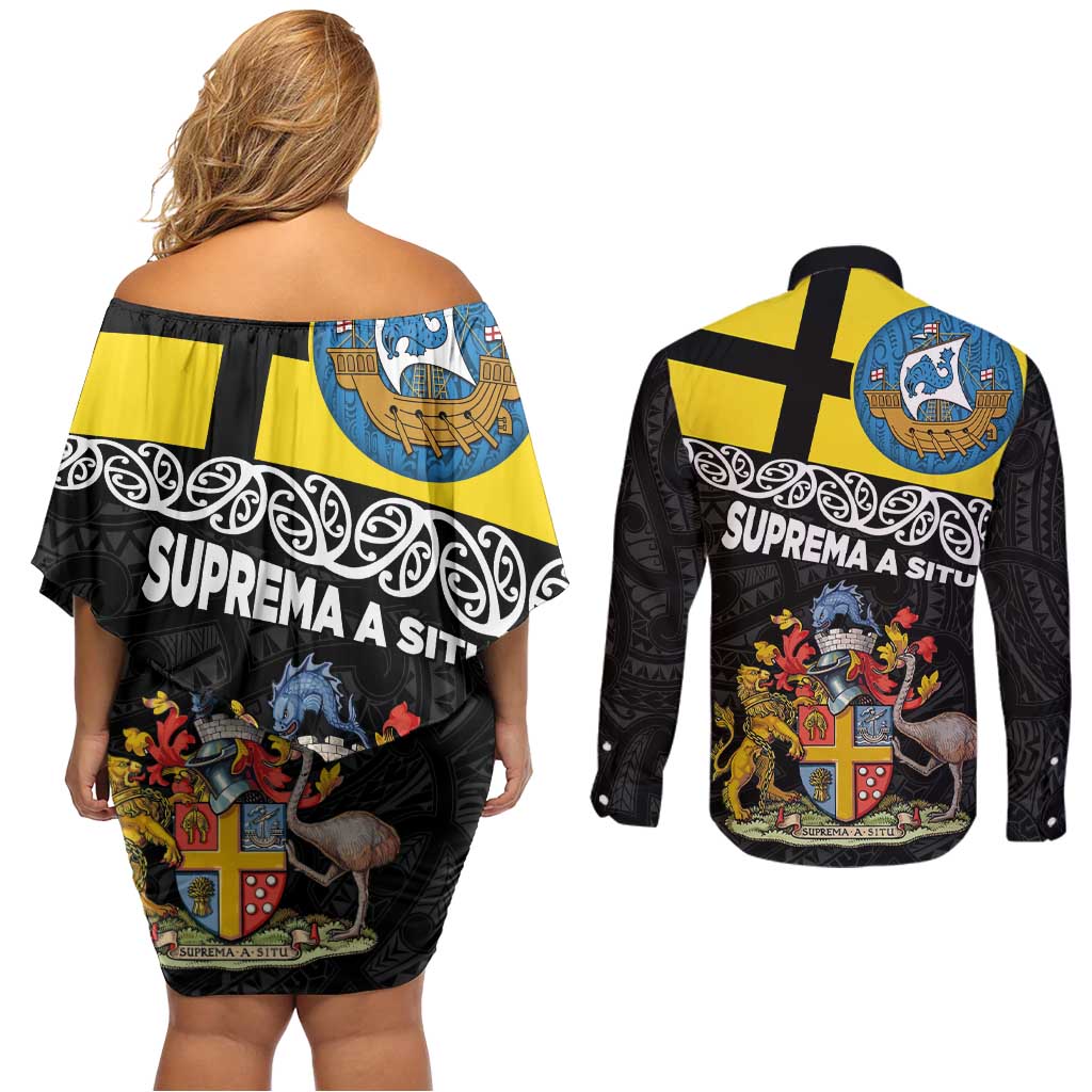 New Zealand Wellington Couples Matching Off Shoulder Short Dress and Long Sleeve Button Shirt The Capital's Emblems Flag and Koru Art