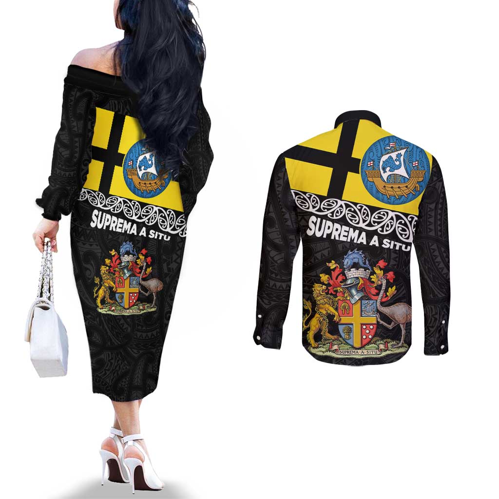 New Zealand Wellington Couples Matching Off The Shoulder Long Sleeve Dress and Long Sleeve Button Shirt The Capital's Emblems Flag and Koru Art