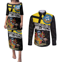 New Zealand Wellington Couples Matching Puletasi and Long Sleeve Button Shirt The Capital's Emblems Flag and Koru Art