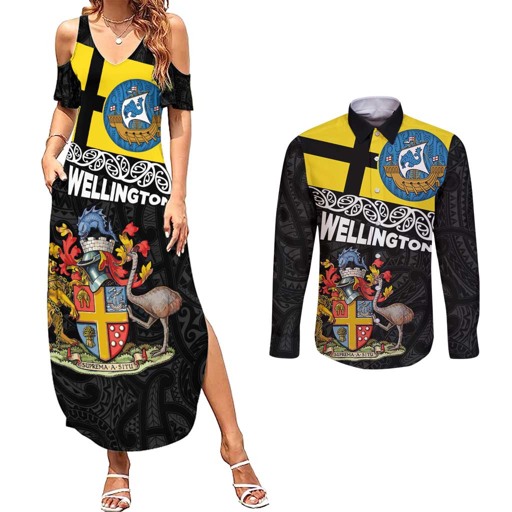 New Zealand Wellington Couples Matching Summer Maxi Dress and Long Sleeve Button Shirt The Capital's Emblems Flag and Koru Art