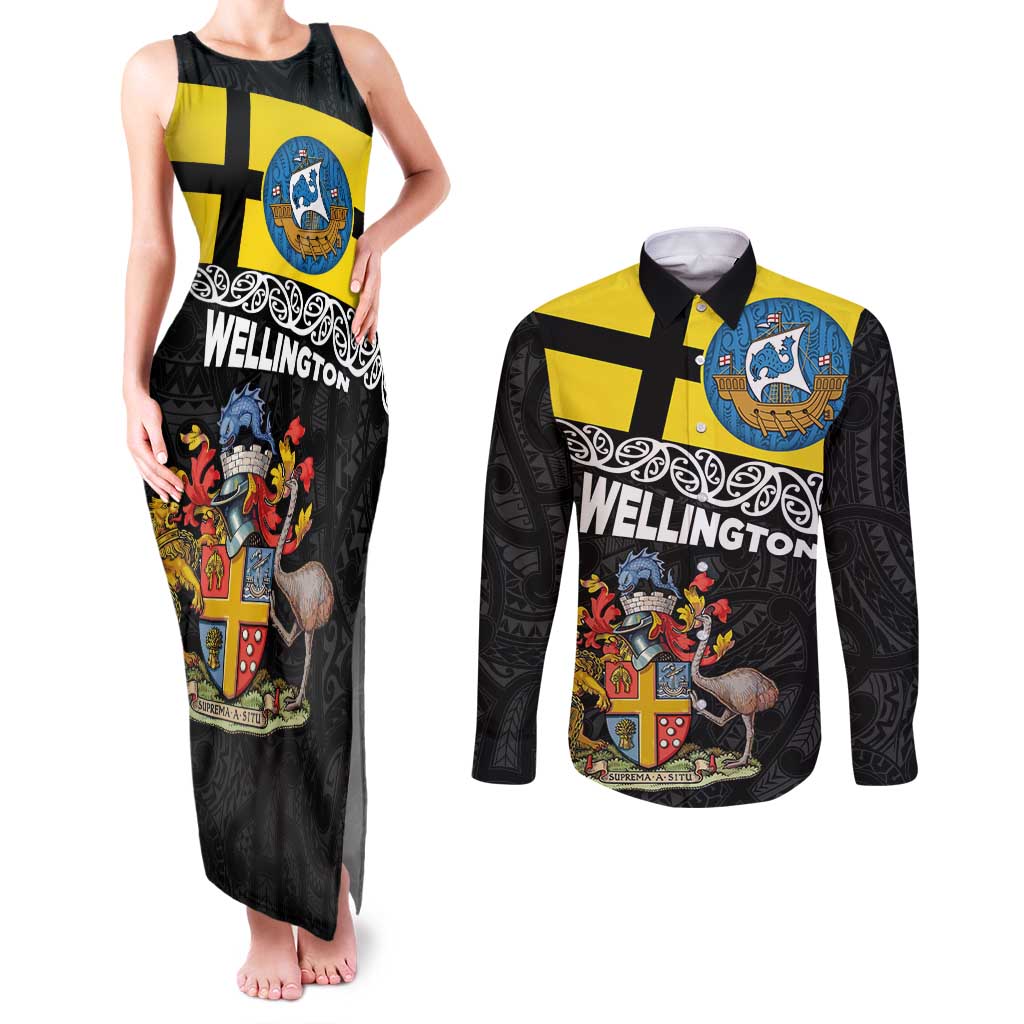 New Zealand Wellington Couples Matching Tank Maxi Dress and Long Sleeve Button Shirt The Capital's Emblems Flag and Koru Art