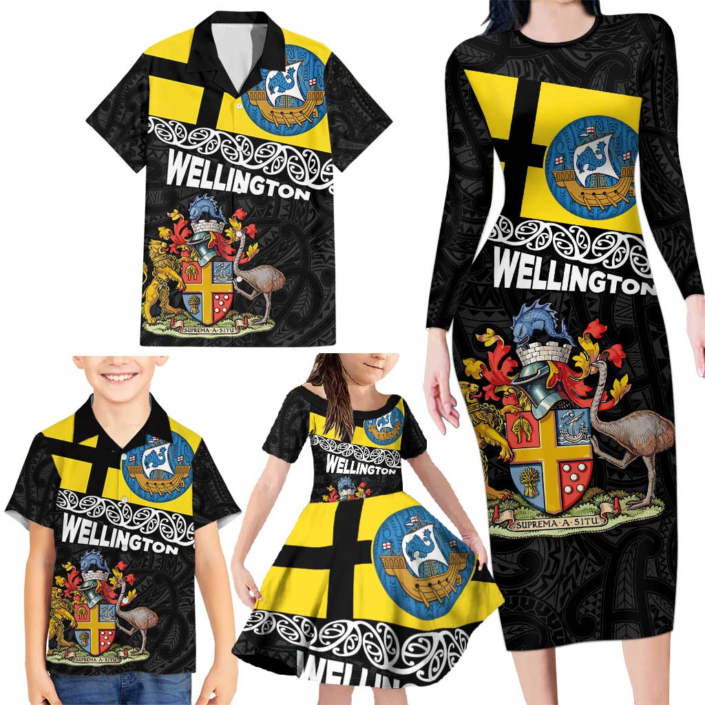 New Zealand Wellington Family Matching Long Sleeve Bodycon Dress and Hawaiian Shirt The Capital's Emblems Flag and Koru Art LT03 - Polynesian Pride