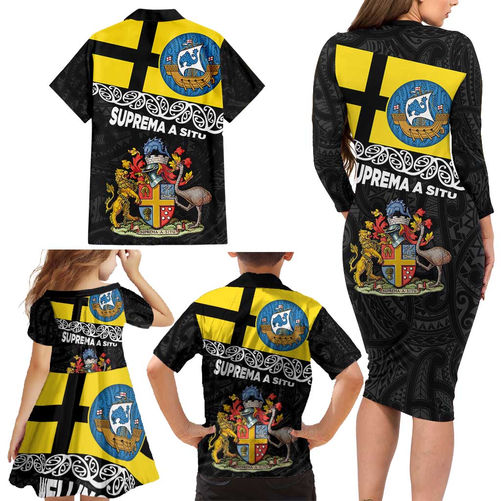 New Zealand Wellington Family Matching Long Sleeve Bodycon Dress and Hawaiian Shirt The Capital's Emblems Flag and Koru Art LT03 - Polynesian Pride