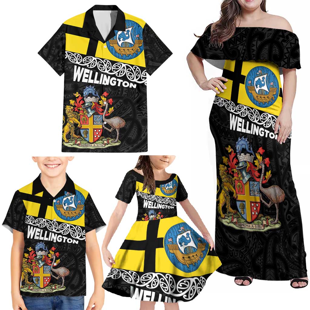 New Zealand Wellington Family Matching Off Shoulder Maxi Dress and Hawaiian Shirt The Capital's Emblems Flag and Koru Art LT03 - Polynesian Pride