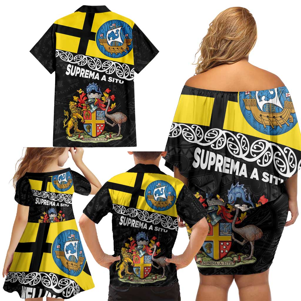 New Zealand Wellington Family Matching Off Shoulder Short Dress and Hawaiian Shirt The Capital's Emblems Flag and Koru Art LT03 - Polynesian Pride