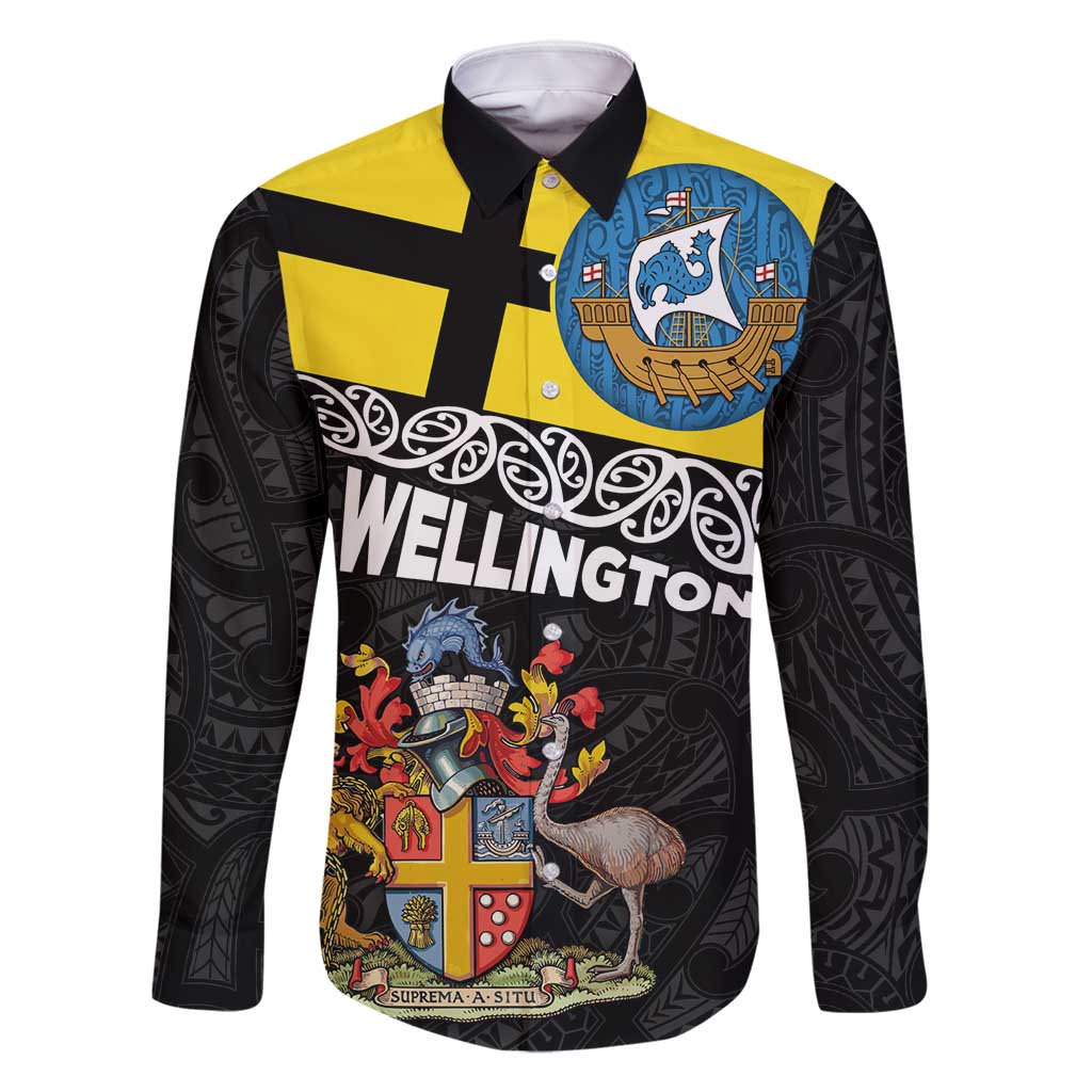 New Zealand Wellington Family Matching Off Shoulder Short Dress and Hawaiian Shirt The Capital's Emblems Flag and Koru Art LT03 Dad's Shirt - Long Sleeve Black - Polynesian Pride