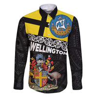 New Zealand Wellington Family Matching Off Shoulder Short Dress and Hawaiian Shirt The Capital's Emblems Flag and Koru Art LT03 Dad's Shirt - Long Sleeve Black - Polynesian Pride