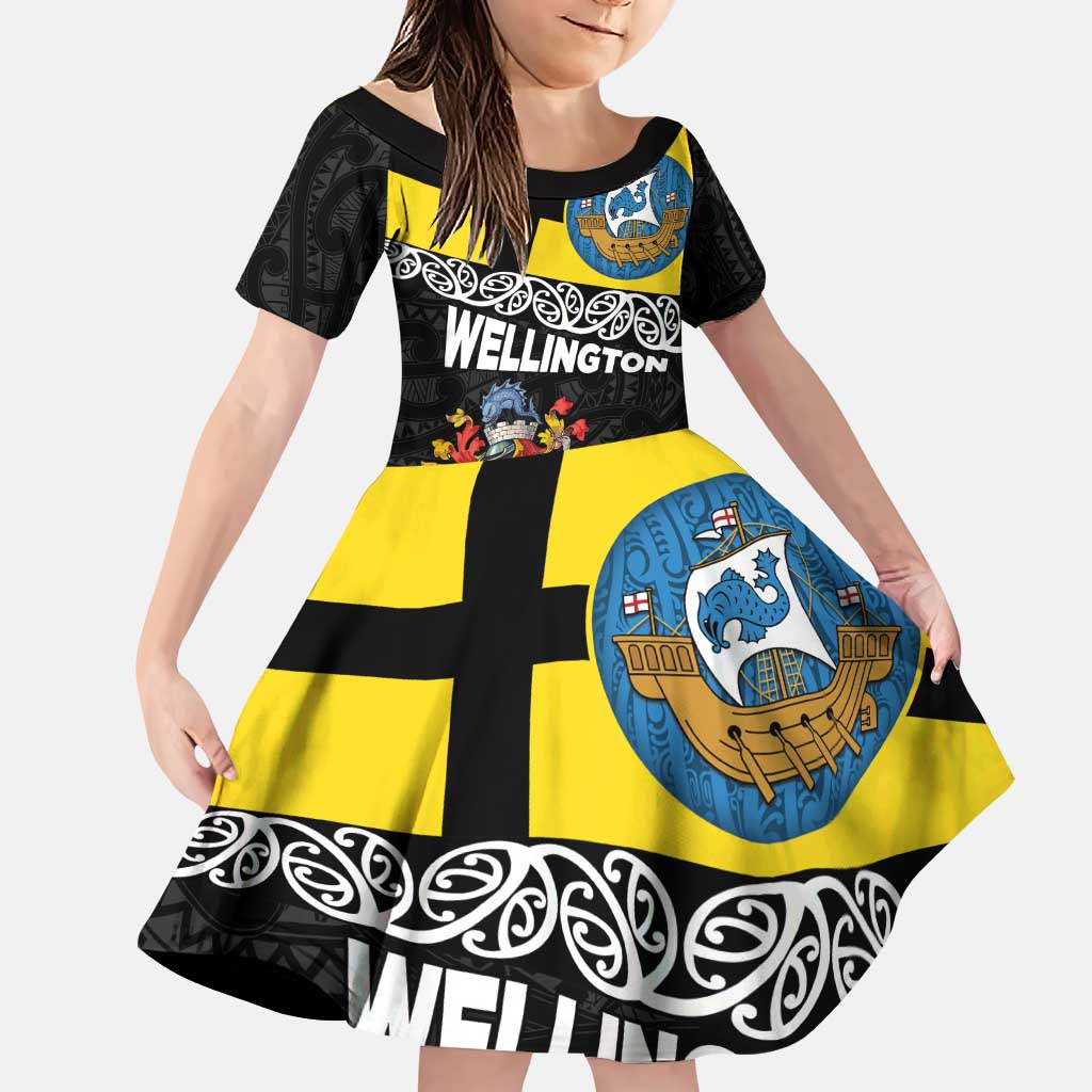 New Zealand Wellington Family Matching Puletasi and Hawaiian Shirt The Capital's Emblems Flag and Koru Art LT03 Daughter's Dress Black - Polynesian Pride
