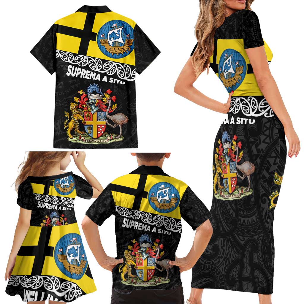 New Zealand Wellington Family Matching Short Sleeve Bodycon Dress and Hawaiian Shirt The Capital's Emblems Flag and Koru Art LT03 - Polynesian Pride