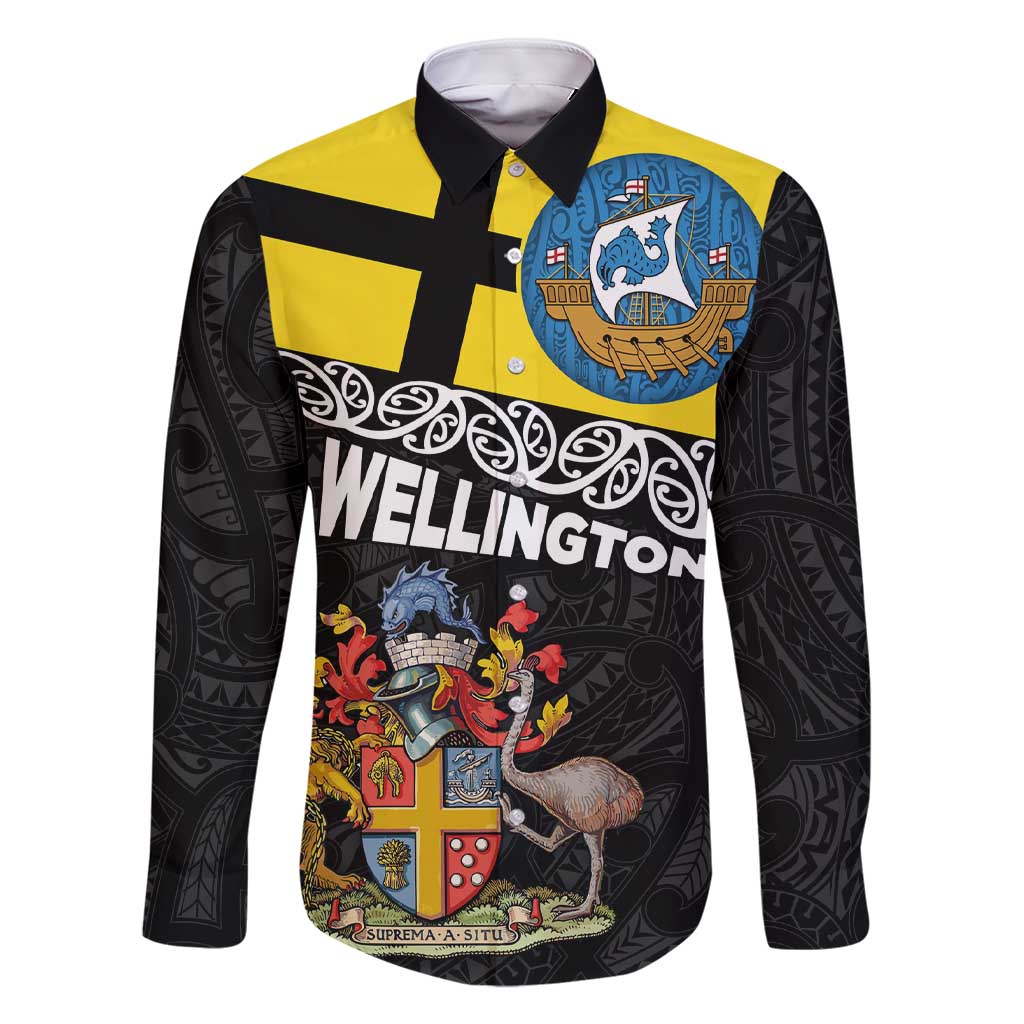 New Zealand Wellington Family Matching Short Sleeve Bodycon Dress and Hawaiian Shirt The Capital's Emblems Flag and Koru Art LT03 Dad's Shirt - Long Sleeve Black - Polynesian Pride