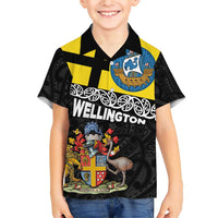 New Zealand Wellington Family Matching Short Sleeve Bodycon Dress and Hawaiian Shirt The Capital's Emblems Flag and Koru Art LT03 Son's Shirt Black - Polynesian Pride