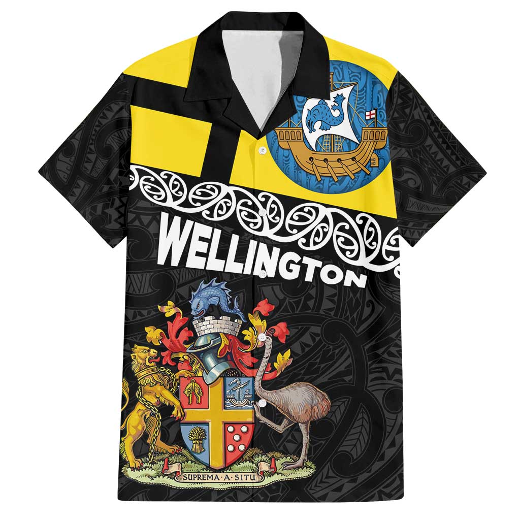 New Zealand Wellington Family Matching Tank Maxi Dress and Hawaiian Shirt The Capital's Emblems Flag and Koru Art LT03 Dad's Shirt - Short Sleeve Black - Polynesian Pride