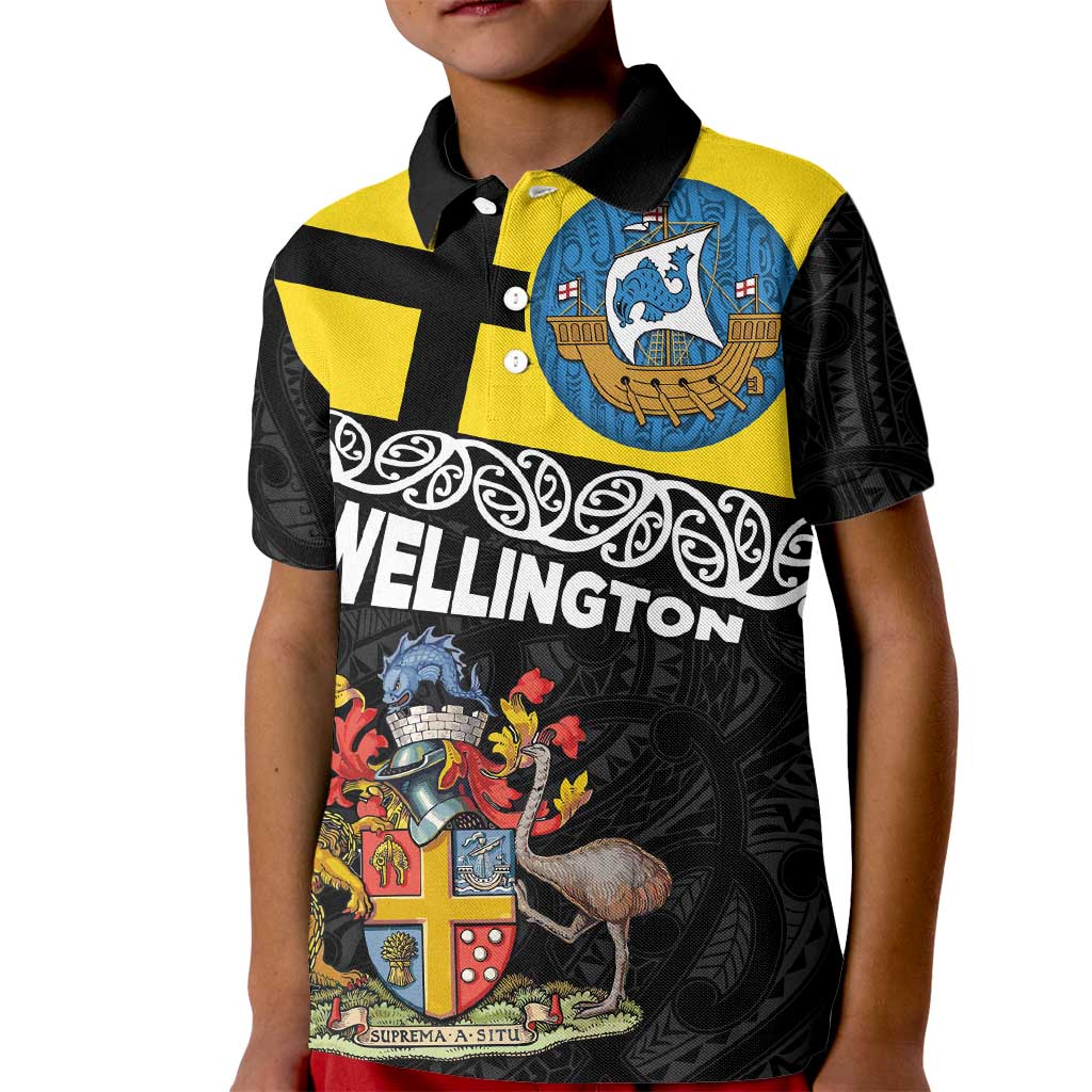 New Zealand Wellington Kid Polo Shirt The Capital's Emblems Flag and Koru Art LT03 Kid Black - Polynesian Pride