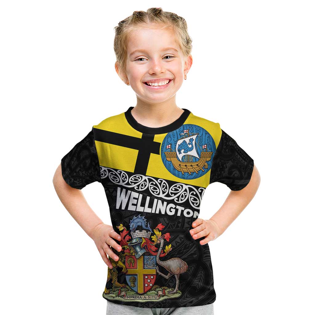 New Zealand Wellington Kid T Shirt The Capital's Emblems Flag and Koru Art LT03 Black - Polynesian Pride