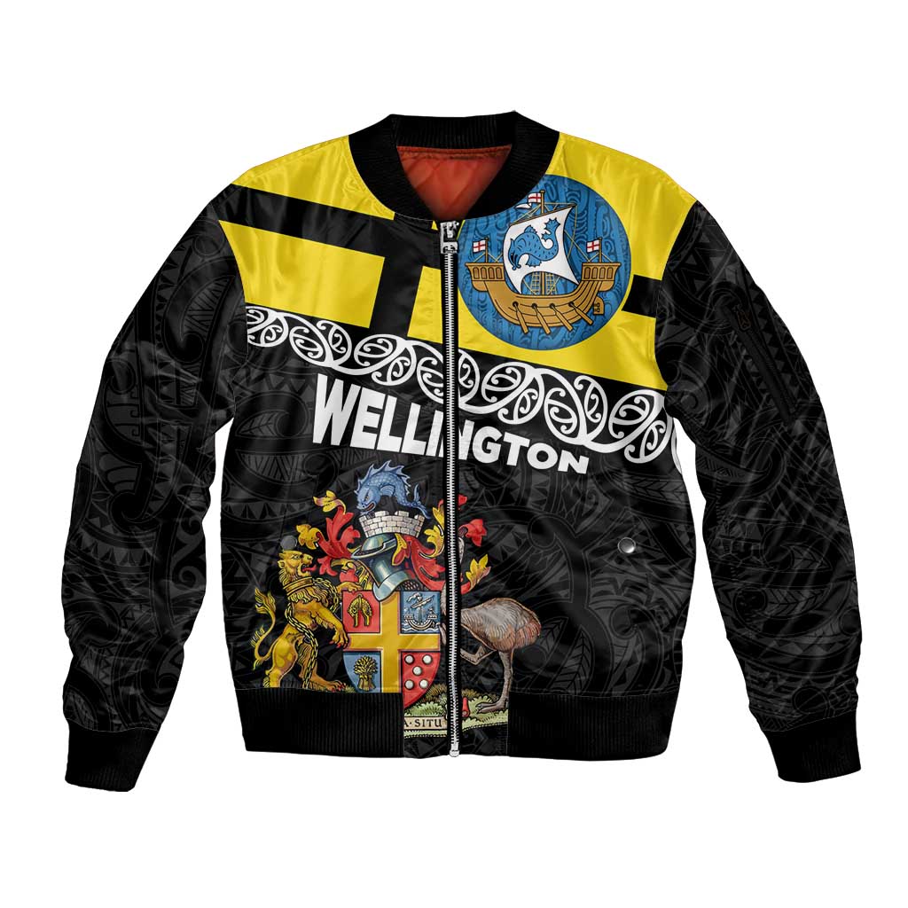 New Zealand Wellington Sleeve Zip Bomber Jacket The Capital's Emblems Flag and Koru Art