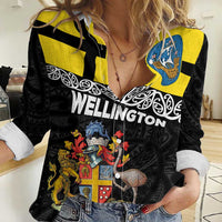 New Zealand Wellington Women Casual Shirt The Capital's Emblems Flag and Koru Art LT03 Female Black - Polynesian Pride