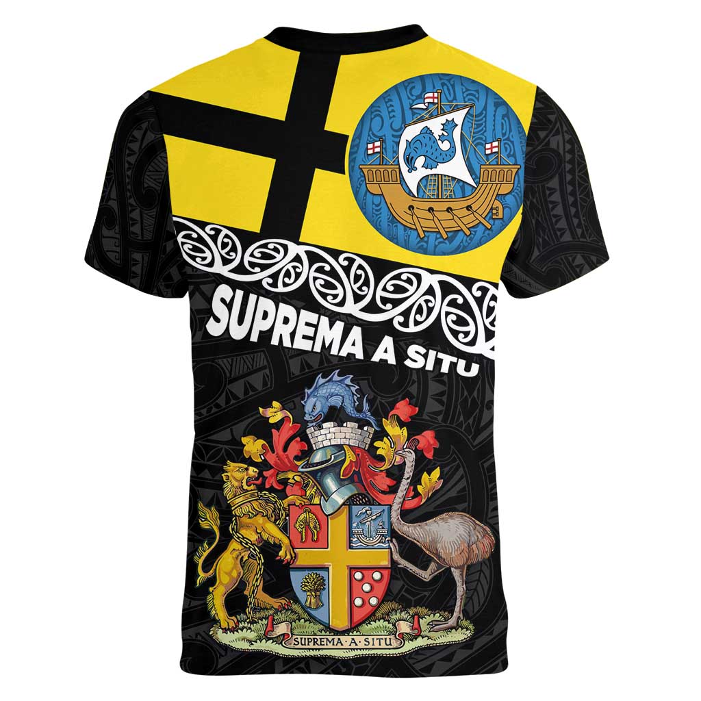 New Zealand Wellington Women V-Neck T-Shirt The Capital's Emblems Flag and Koru Art LT03 - Polynesian Pride
