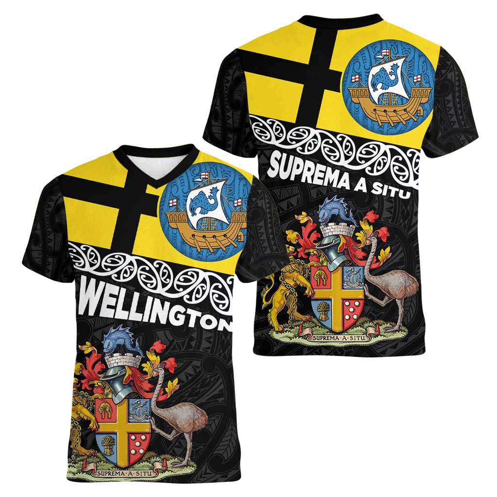 New Zealand Wellington Women V-Neck T-Shirt The Capital's Emblems Flag and Koru Art LT03 - Polynesian Pride