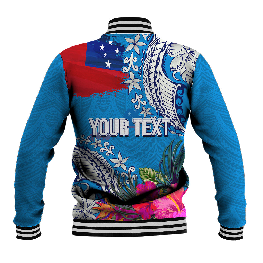 Personalised Samoa Coat Of Arms Baseball Jacket Tropical Flower Blue Polynesian Pattern LT03 - Polynesian Pride