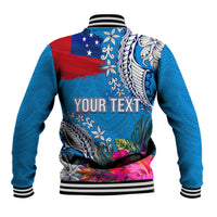 Personalised Samoa Coat Of Arms Baseball Jacket Tropical Flower Blue Polynesian Pattern LT03 - Polynesian Pride