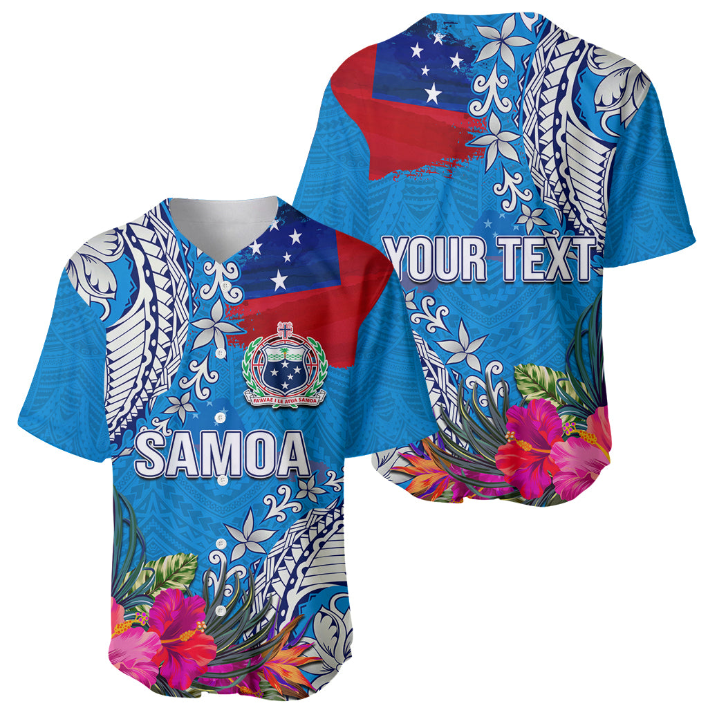 Personalised Samoa Coat Of Arms Baseball Jersey Tropical Flower Blue Polynesian Pattern LT03 - Polynesian Pride