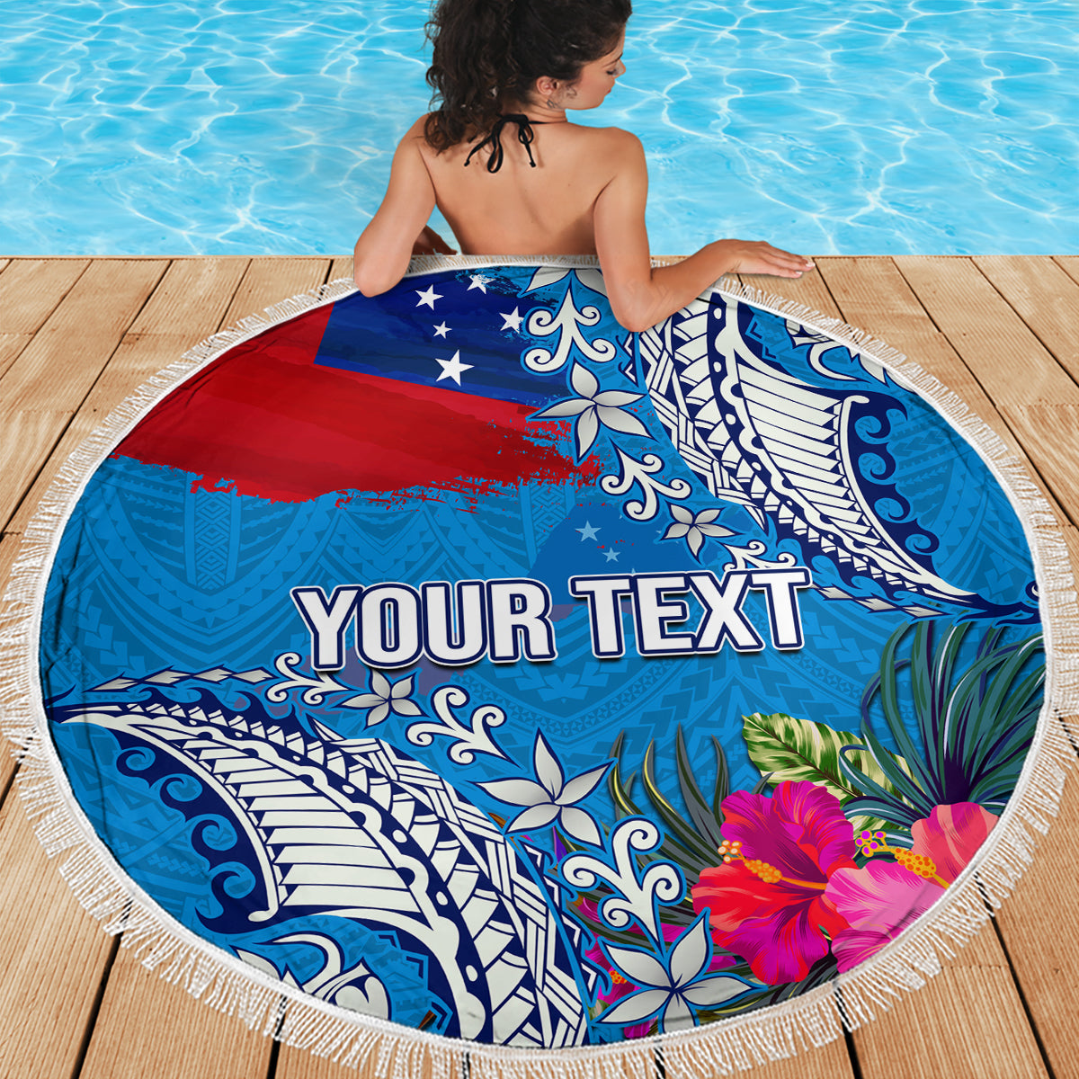 Personalised Samoa Coat Of Arms Beach Blanket Tropical Flower Blue Polynesian Pattern LT03 - Polynesian Pride