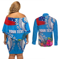 Personalised Samoa Coat Of Arms Couples Matching Off Shoulder Short Dress and Long Sleeve Button Shirt Tropical Flower Blue Polynesian Pattern LT03 - Polynesian Pride